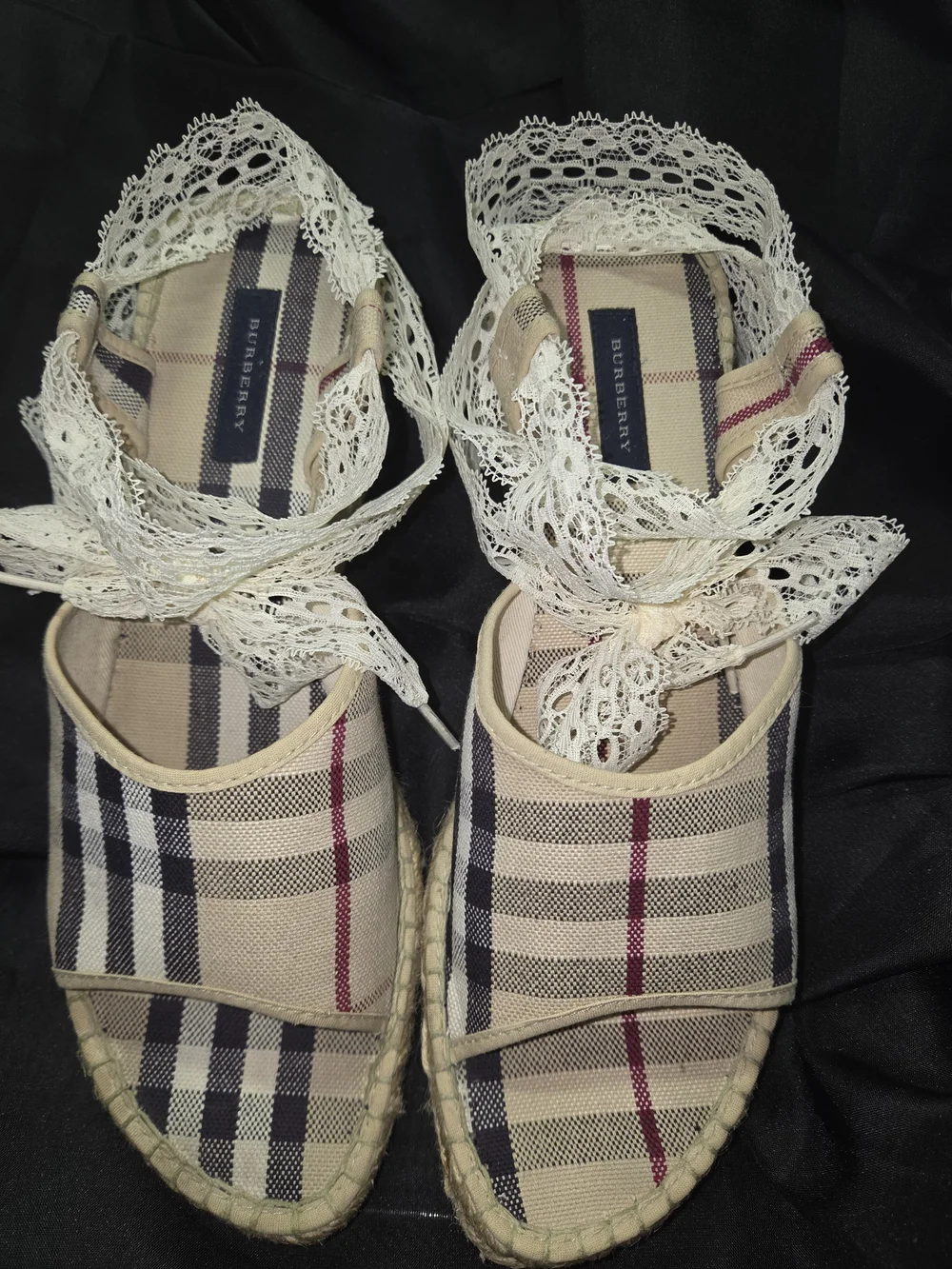Burberry Beige Plaid Lace-Up Espadrille Sandals